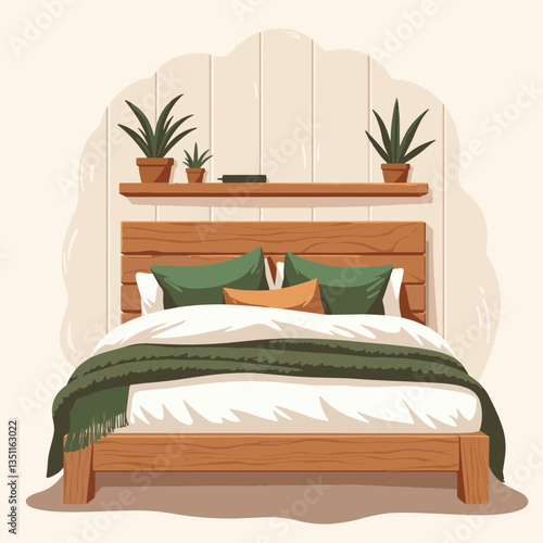 Cozy wooden bed with green pillows and plants, natural serenity