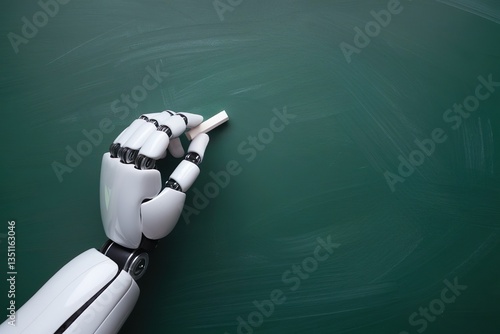 robot hand write on green board with chalk. AI teaching in education