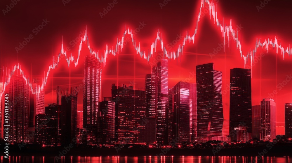 Naklejka premium Financial graph with a red falling trend line overlay on a cityscape background, symbolizing a market downturn and financial crisis