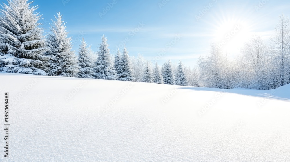 Pristine winter wonderland. A vast expanse of pristine snow blankets a hillside, dotted with frosted evergreen trees beneath a vibrant blue sky. Pristine winter wonderland. A vast expanse of pristine snow blankets a hillside, dotted with frosted evergreen trees beneath a vibrant blue sky.