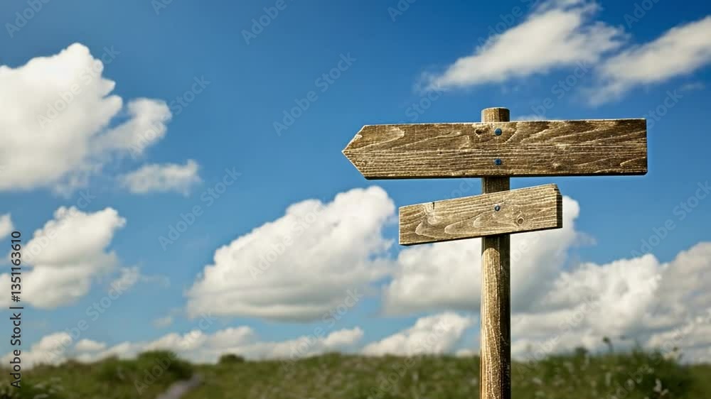 Wooden Signpost Against Bright Blue Sky and Fluffy Clouds Direction for Adventure in Natures Serene Landscape, Perfect for Outdoor Travel Exploration Wooden Signpost Against Bright Blue Sky and Fluffy Clouds Direction for Adventure in Natures Serene Landscape, Perfect for Outdoor Travel Exploration