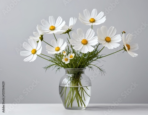 White Cosmos Flowers in Glass Vase