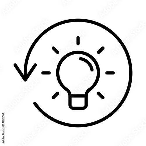 Single black refresh idea line icon, simple light bulb with repeat arrow flat design illustration pictogram for infographic interface elements for app logo web button ui isolated on white background