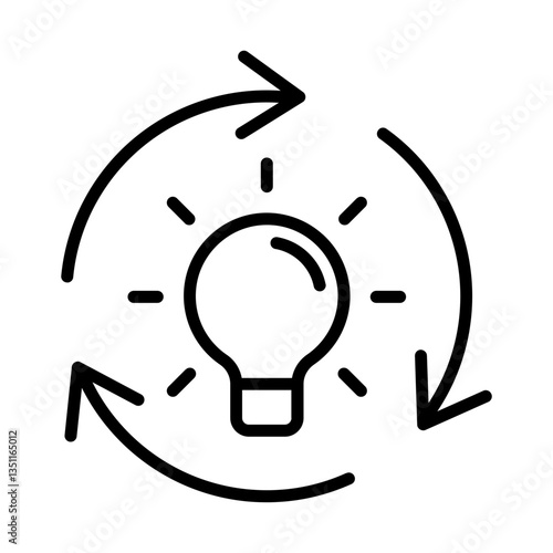 Single black refresh idea line icon, simple light bulb with repeat arrow flat design illustration pictogram for infographic interface elements for app logo web button ui isolated on white background