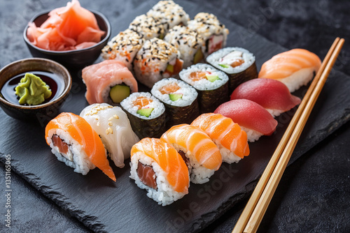 Japanese sushi platter with nigiri and maki rolls