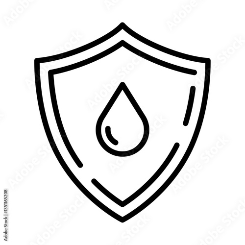 Black single waterproof line icon, simple shield with rain drop proof flat design vector pictogram, infographic interface elements for app logo web button ui ux isolated on white background