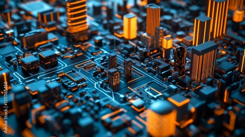 Fototapeta Naklejka Na Ścianę i Meble -  City model standing on dark blue motherboard. Concept of hi tech in architecture and digital city lifestyle. 3d rendering