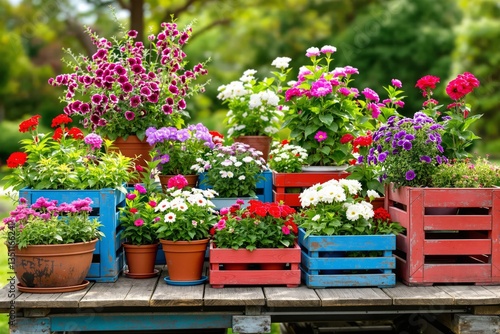 Fototapeta Naklejka Na Ścianę i Meble -  Vibrant flowers in pots and wooden crates on a rustic table, set against a lush green background. A creative display of colorful garden decor. Ai generative