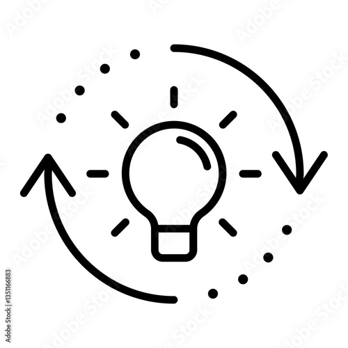 Single black refresh idea line icon, simple light bulb with repeat arrow flat design illustration pictogram for infographic interface elements for app logo web button ui isolated on white background