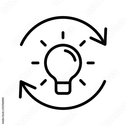 Single black refresh idea line icon, simple light bulb with repeat arrow flat design illustration pictogram for infographic interface elements for app logo web button ui isolated on white background