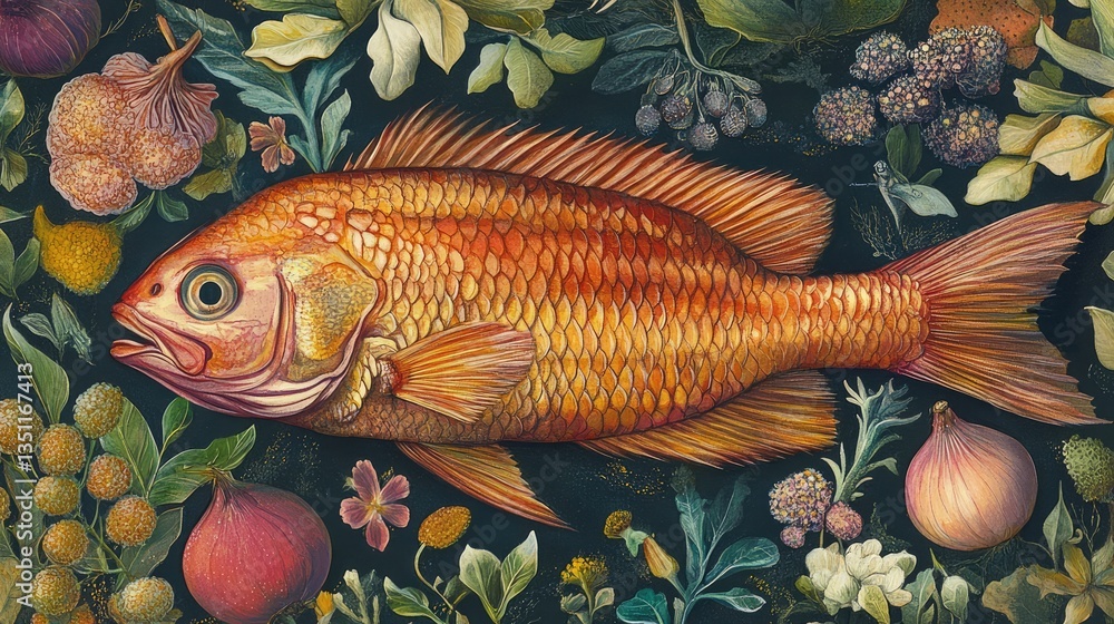 A vibrant goldfish surrounded by an array of colorful fruits and foliage, creating a rich, artistic underwater scene A vibrant goldfish surrounded by an array of colorful fruits and foliage, creating a rich, artistic underwater scene