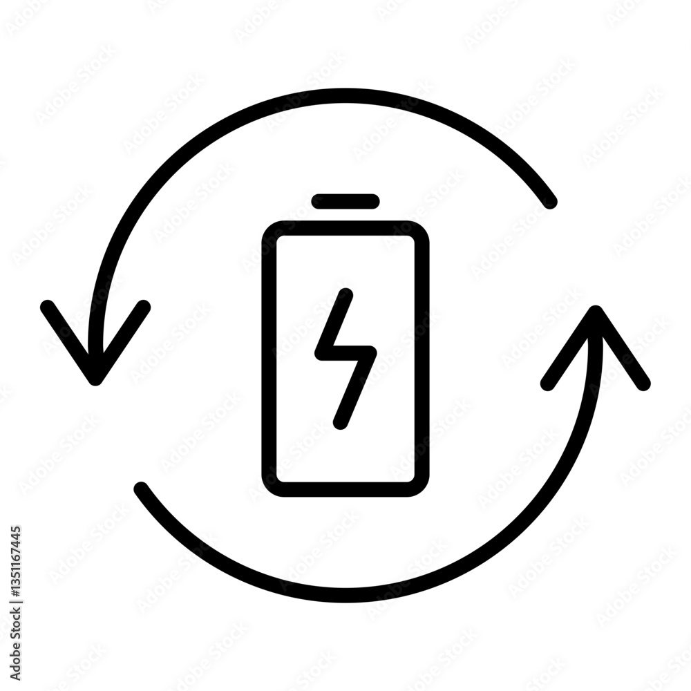Black single recharge battery line icon, simple charging power with repeat arrow flat design pictogram, infographic illustration for app logo web button ui ux interface elements on white background Black single recharge battery line icon, simple charging power with repeat arrow flat design pictogram, infographic illustration for app logo web button ui ux interface elements on white background