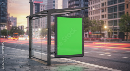 Citylight Poster on Bus Stop Mockup with Green Screen Background. bus stop sign