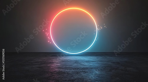 Neon Circle Glows in Dark Room.