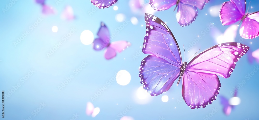 Purple butterflies flutter, light bokeh background, spring nature Purple butterflies flutter, light bokeh background, spring nature