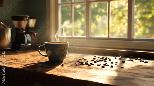 Steaming Coffee Cup on a Rustic Wooden Table with Beans in Sunlight