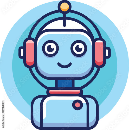 Flat Illustration of Smiling Robot with Headphones, A friendly flat design illustration of a smiling robot with headphones, symbolizing AI, digital assistance, and technology.
