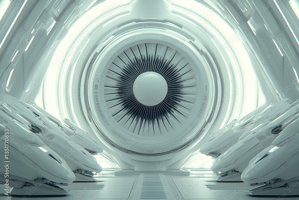 Obraz premium Futuristic white jet engine in a sleek, minimalist hangar. Rows of smaller, matching units flank the central engine.