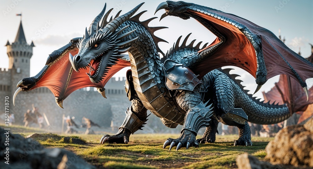 Steel Armored Dragon With Sharp Claws Landing on Medieval Battlefield Steel Armored Dragon With Sharp Claws Landing on Medieval Battlefield