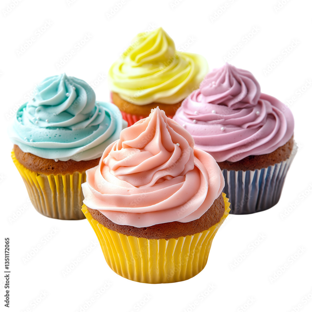 Colorful Cupcakes with Swirled Frosting in Pastel Shades on White or Transparent Background Colorful Cupcakes with Swirled Frosting in Pastel Shades on White or Transparent Background