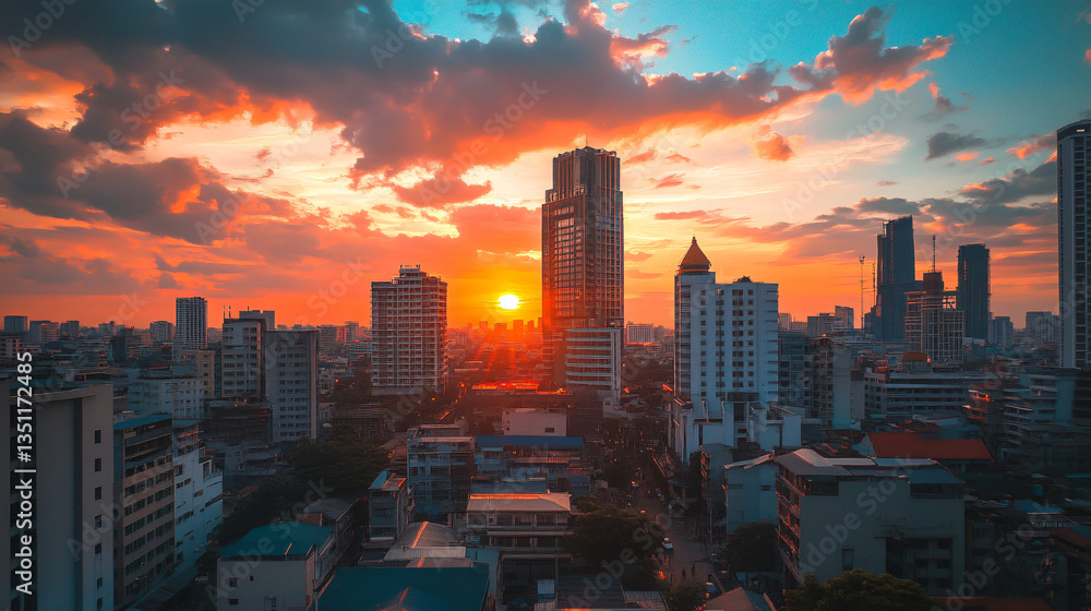 Fototapeta premium Captivating city sunset captured with explosive gradient colors creating a serene and picturesque urban scene.