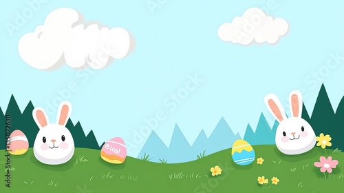Pastel-colored Easter background with cartoon bunnies, blooming flowers, and dotted eggs in minimalist flat design. Soft blue sky, geometric hills, and clean vector shapes optimized for social media c