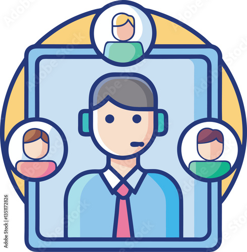 Illustration of Virtual Meeting with Call Center Agent, A cartoon illustration of a virtual meeting with a call center agent wearing a headset and multiple video call participants.
