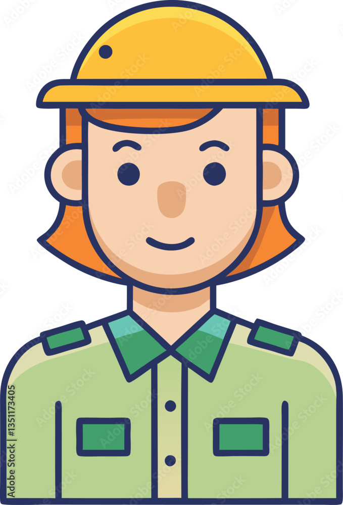 Illustration of Park Ranger with Yellow Helmet and Green Shirt, A cheerful illustration of a park ranger wearing a yellow helmet and green shirt, representing environmental conservation and outdoor wo Illustration of Park Ranger with Yellow Helmet and Green Shirt, A cheerful illustration of a park ranger wearing a yellow helmet and green shirt, representing environmental conservation and outdoor wo