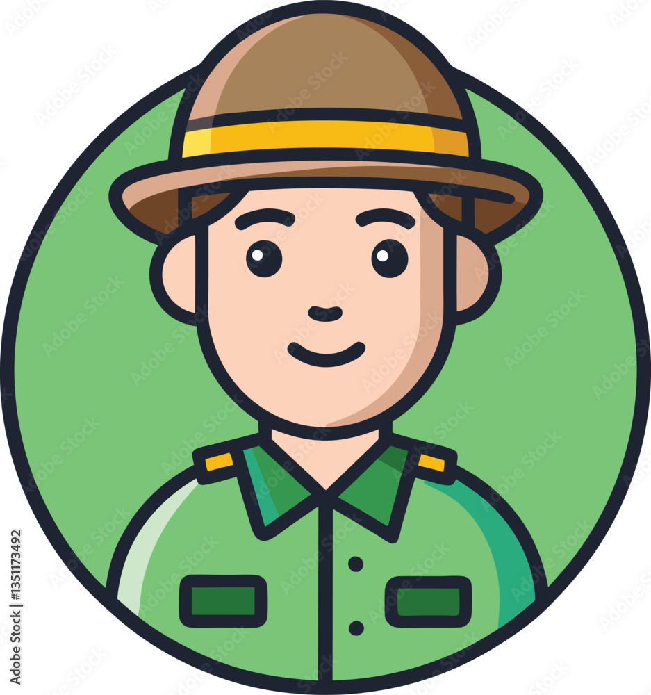 Illustration of Park Ranger with Brown Hat and Green Shirt, A friendly illustration of a park ranger wearing a brown hat and green shirt, symbolizing environmental stewardship and outdoor work.
Illustration of Park Ranger with Brown Hat and Green Shirt, A friendly illustration of a park ranger wearing a brown hat and green shirt, symbolizing environmental stewardship and outdoor work.