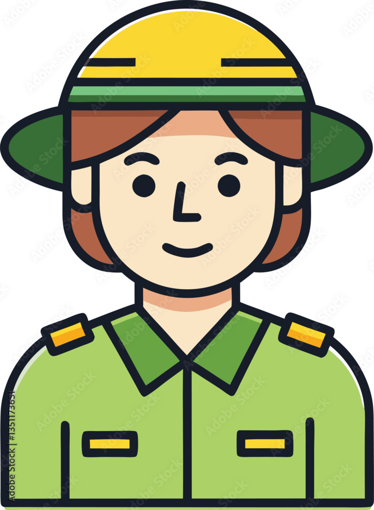 Illustration of Park Ranger with Green and Yellow Uniform, A friendly illustration of a park ranger wearing a green and yellow uniform with a matching hat, symbolizing environmental conservation and o Illustration of Park Ranger with Green and Yellow Uniform, A friendly illustration of a park ranger wearing a green and yellow uniform with a matching hat, symbolizing environmental conservation and o