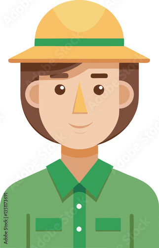 Illustration of Park Ranger with Yellow Hat and Green Shirt, A cheerful illustration of a park ranger wearing a yellow hat and green shirt, symbolizing nature conservation and outdoor activities.
