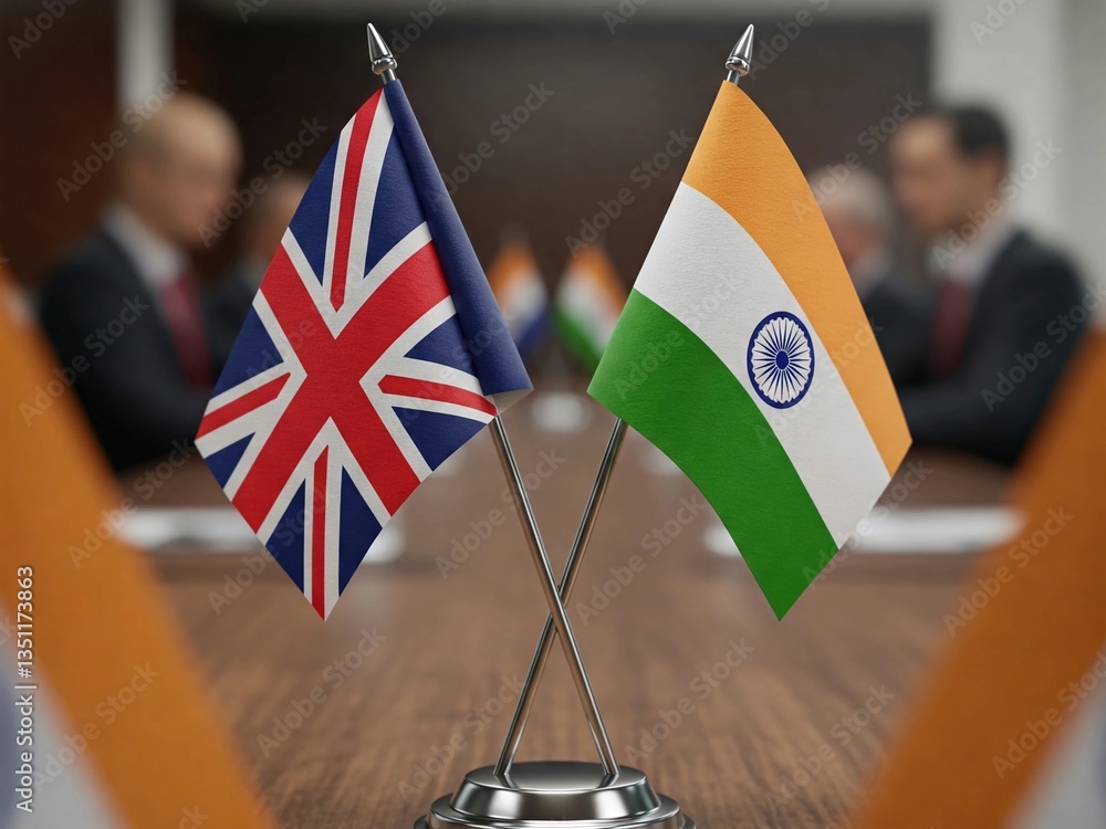 Close-up of India and UK flags on a conference table, symbolizing diplomacy, international relations, and business partnerships. Blurred background with delegates in a formal meeting setting. Close-up of India and UK flags on a conference table, symbolizing diplomacy, international relations, and business partnerships. Blurred background with delegates in a formal meeting setting.