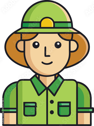 Illustration of Park Ranger in Green Uniform, A friendly illustration of a park ranger wearing a green uniform and hat, representing nature conservation and outdoor activities.
