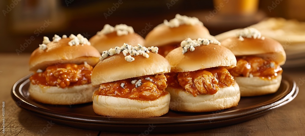 A plate of spicy buffalo chicken sliders topped with blue cheese crumbles A plate of spicy buffalo chicken sliders topped with blue cheese crumbles