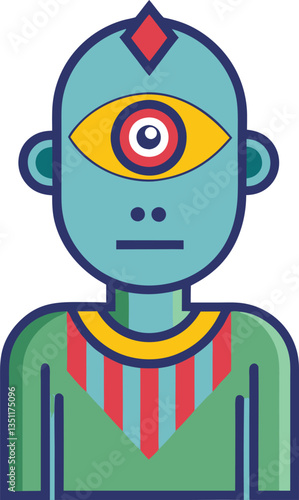 Cartoon One-Eyed Mythical Character with Tribal Outfit, A colorful cartoon illustration of a one-eyed mythical character wearing a tribal outfit, representing a unique fantasy creature.
