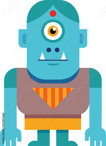 Cartoon One-Eyed Monster with Tribal Outfit, A playful cartoon illustration of a one-eyed monster wearing a tribal outfit, representing a unique mythical creature in a vibrant style.
