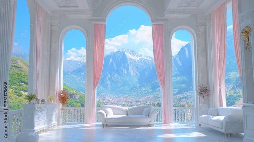 Fototapeta premium Luxurious interior with white furniture and stunning mountain view
