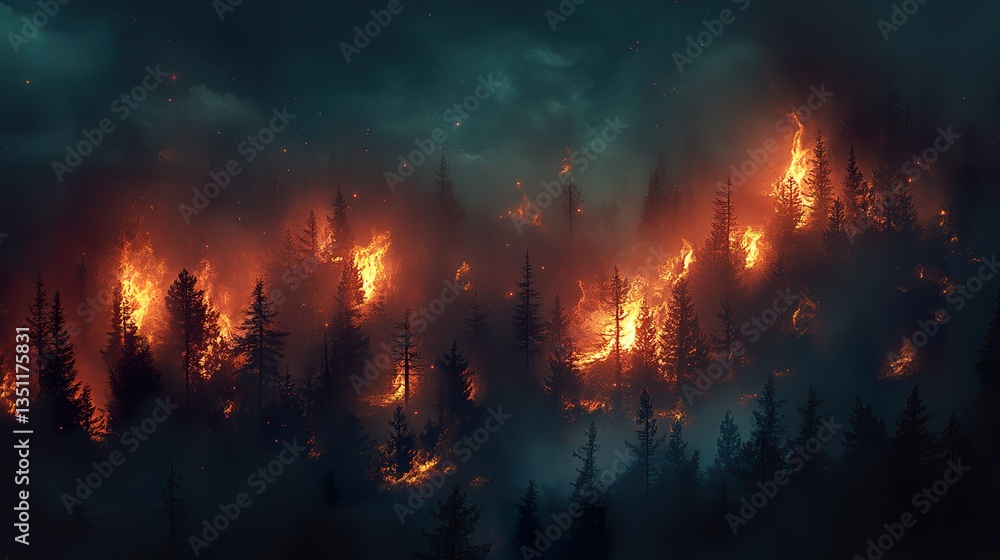 A forest fire burns among the trees at night time A forest fire burns among the trees at night time
