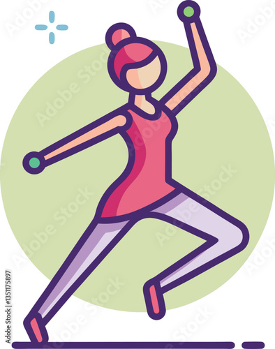 Cartoon Woman Dancing with Dumbbells in Motion, A vibrant cartoon illustration of a woman dancing while holding dumbbells, showcasing fitness, movement, and energy in a colorful style.

