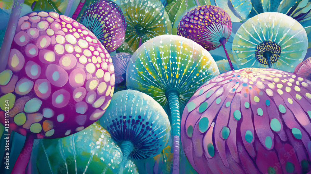 Naklejka premium A colorful bunch of mushrooms displayed in a playful studio setting showcasing various shapes and textures for nature and food enthusiasts.