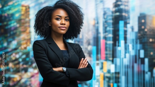 Side view of confident young african american businesswoman standing with crossed arms and looking forward. Cityscape with growing bar chart in the background. Toned image double exposure mock up