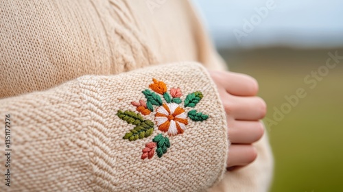 A close-up of a hand wearing a knitted sweater with colorful floral embroidery, set against a soft green background.