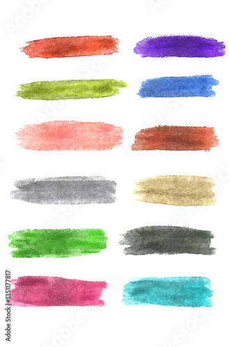 Glitter watercolor brush strokes on white background for creative design