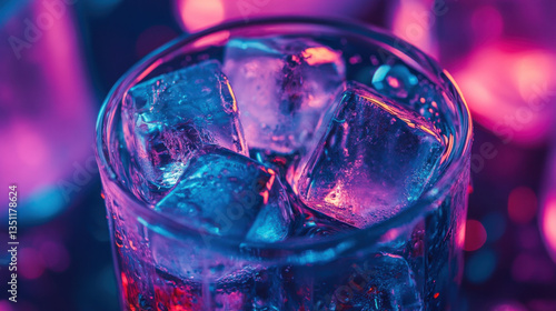 Close-up of a vibrant drink with ice cubes.
