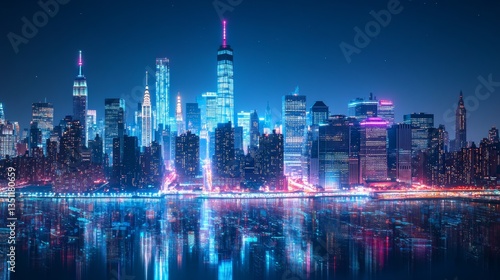 Digital hologram and information fileds in metaverse, double exposure, New York Manhattan skyline at night. Virtual reality and blockchain. Concept of big data