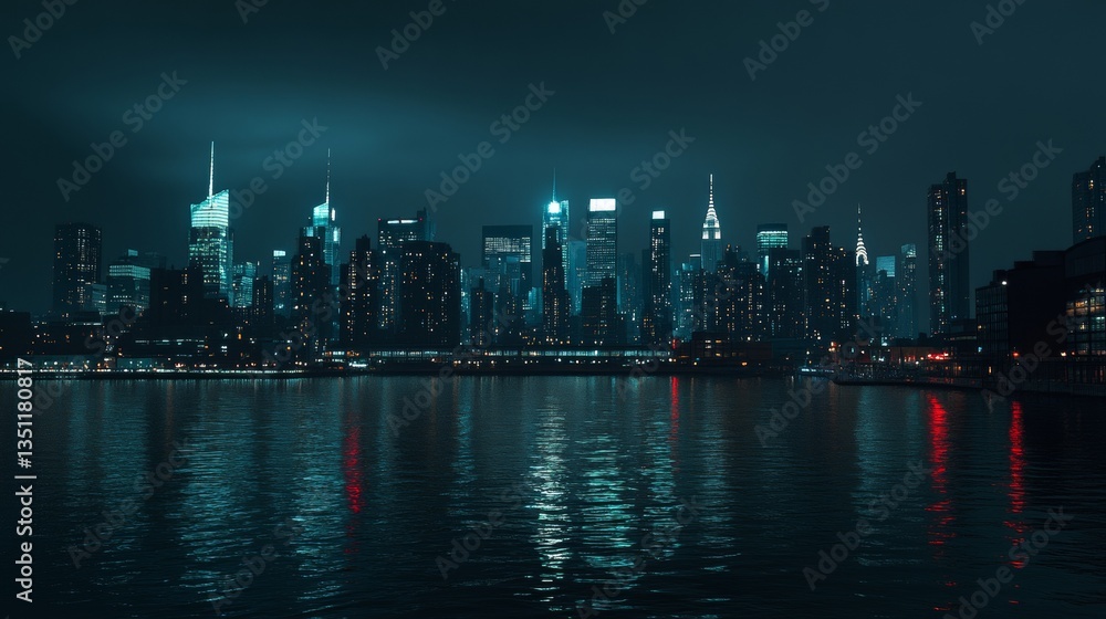 Naklejka premium Digital hologram and information fileds in metaverse, double exposure, New York Manhattan skyline at night. Virtual reality and blockchain. Concept of big data
