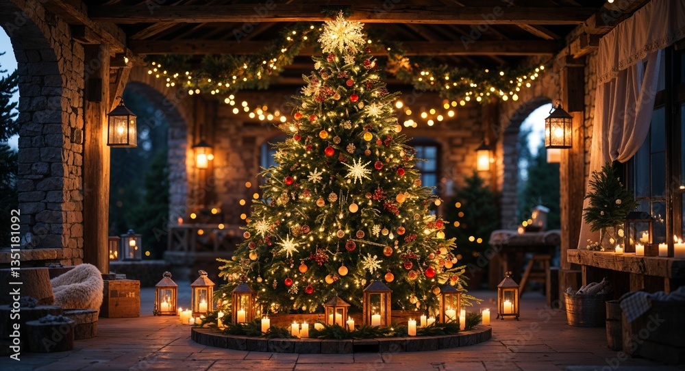 Obraz premium Majestic Christmas tree with glowing lanterns and rustic charm