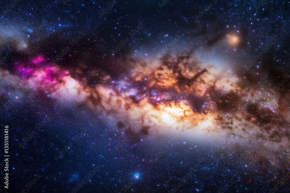 Bright colorful galaxy with glowing stars and nebula in outer space, deep cosmic scene with dust clouds and glowing lights in the milky way universe