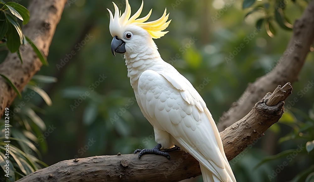 White cockatoo parrot perched on a branch with a lush green background White cockatoo parrot perched on a branch with a lush green background