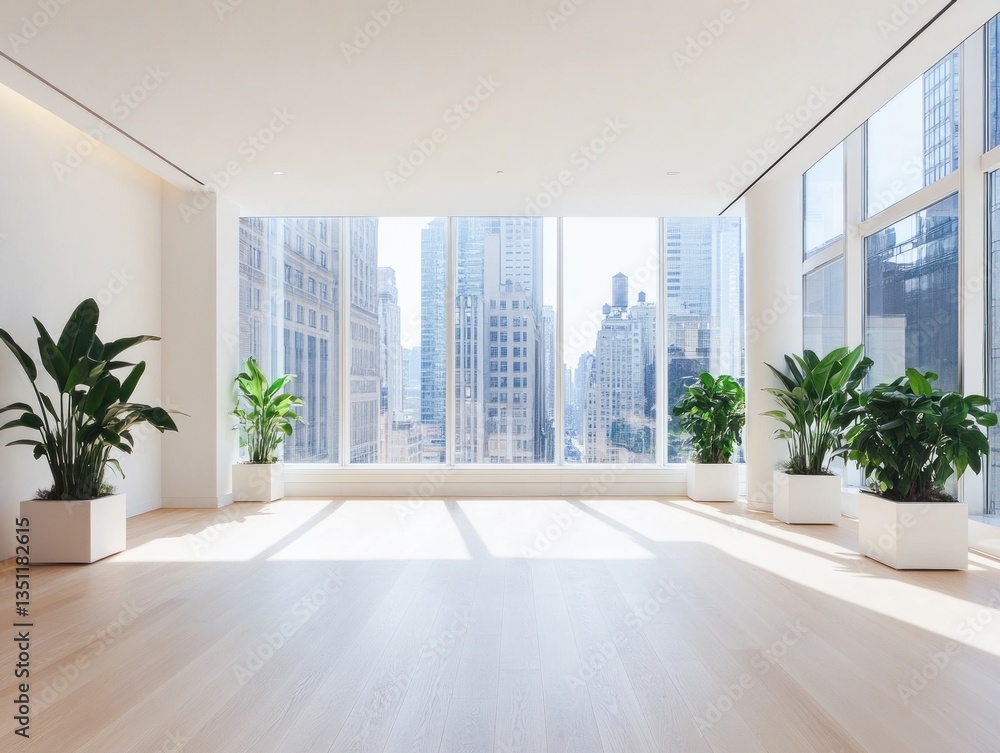 Fototapeta premium Bright and modern interior with plants overlooking city buildings